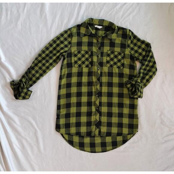 Est 1946 Juniors XS Plaid Button Up Top Green Black Long Roll Tab Sleeves XSmall - Picture 13 of 15
